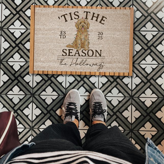 Christmas Lights Dog Golden Doodle Family Name Fiber Doormat (Welcome guests to your seasonal home with this Christmas Lights Dog Golden Doodle Family Name Rug!)