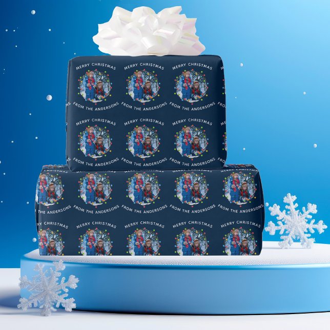 Christmas Lights Family Photo Blue Personalized Wrapping Paper (Creator Uploaded)