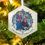 Christmas Lights Family Photo Cute Annual Keepsake Glass Ornament<br><div class="desc">This cute Christmas family photo keepsake ornament features a bright,  beautiful strand of Xmas lights framing your kids photograph in a festive circle. Customize your own message on the bottom in green for a colorful holiday gift.</div>