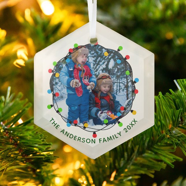 Christmas Lights Family Photo Cute Annual Keepsake Glass Ornament (Creator Uploaded)