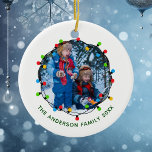 Christmas Lights Family Photo Red Green Keepsake Ceramic Ornament<br><div class="desc">This cute Christmas family photo keepsake ornament features a bright,  beautiful strand of Xmas lights framing your kids photograph in a festive circle. Customize your own message on the bottom in green for a colorful holiday gift.</div>