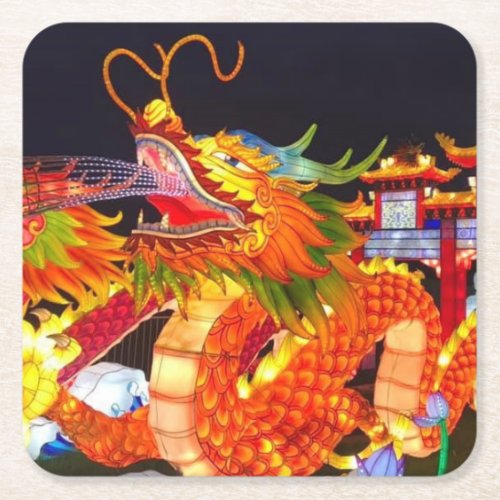 Christmas Lights Festival Chinese Dragon Lantern Square Paper Coaster