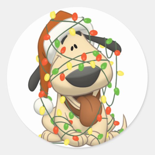 Christmas Lights Funny Puppy Dog Classic Round Sticker