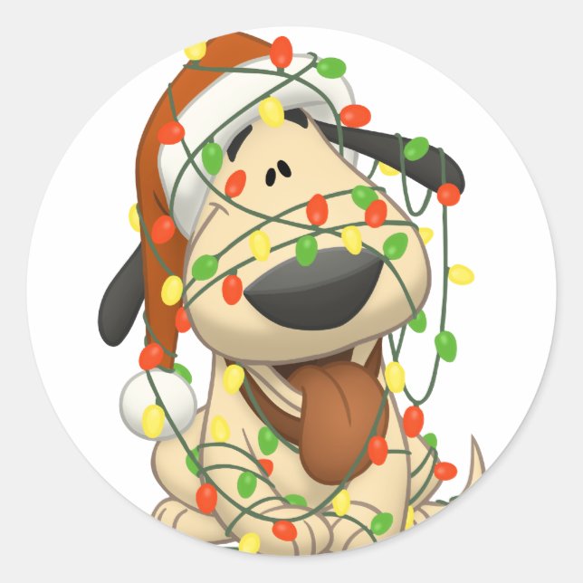 Christmas Lights Funny Puppy Dog Classic Round Sticker (Front)