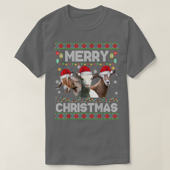 Christmas Lights Funny Xmas Santa Hat Goat Animals T-Shirt (Design Front)