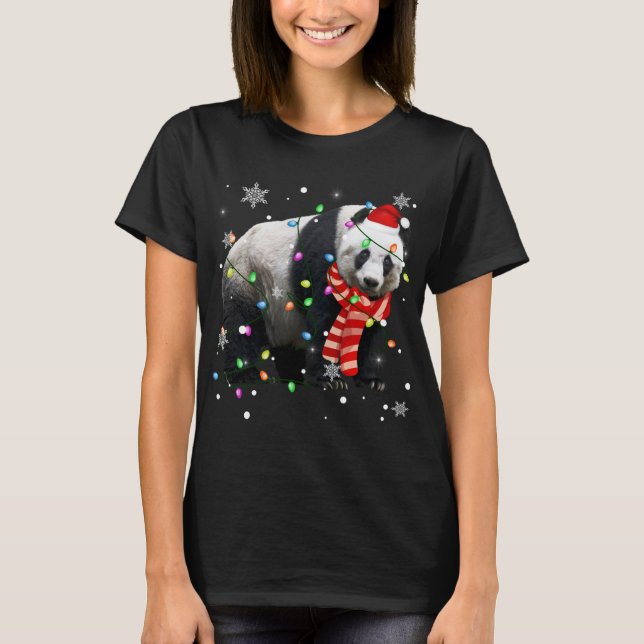 Christmas Lights Funny Xmas Santa Hat Panda Animal T-Shirt (Front)