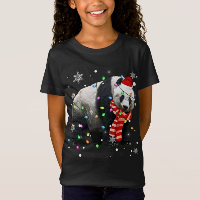 Christmas Lights Funny Xmas Santa Hat Panda Animal T-Shirt (Front)