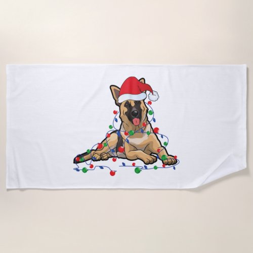 Christmas Lights German Shepherd Dog With santa  Beach Towel