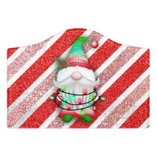 Christmas lights Gnome On Candy Cane Glitter Door Sign