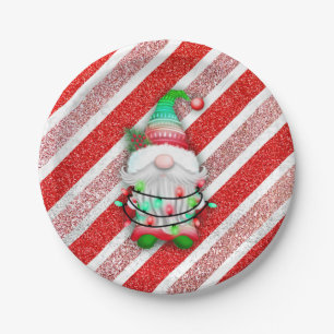 Christmas lights Gnome On Candy Cane Glitter Paper Plates