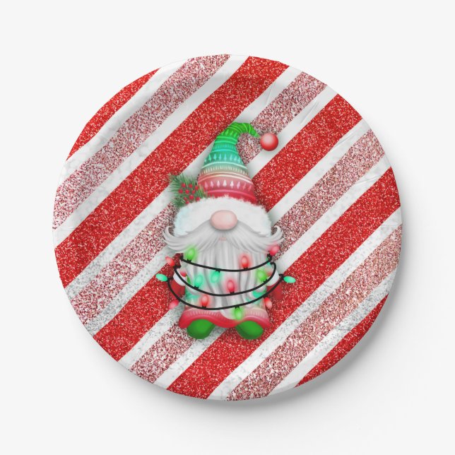 Christmas lights Gnome On Candy Cane Glitter Paper Plates (Front)