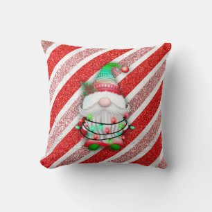 Christmas lights Gnome On Candy Cane Glitter Throw Pillow