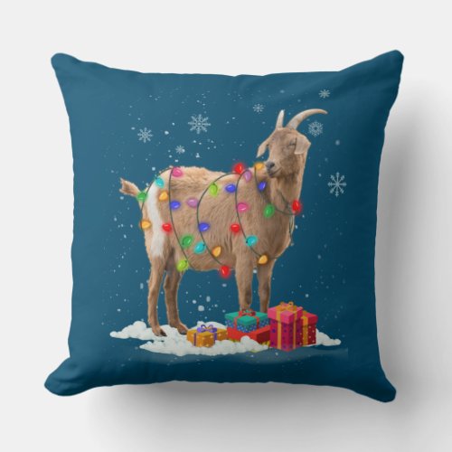 Christmas Lights Goat Celebrates Xmas Party For Go Throw Pillow