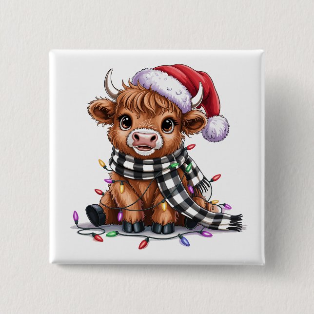 Christmas Lights Highland Cow Santa Hat Button (Front)