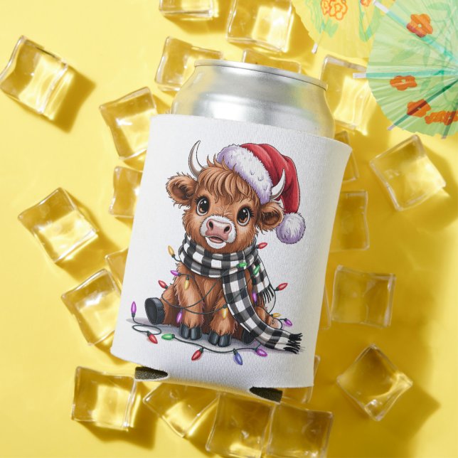 Christmas Lights Highland Cow Santa Hat Can Cooler (In Situ Summer)