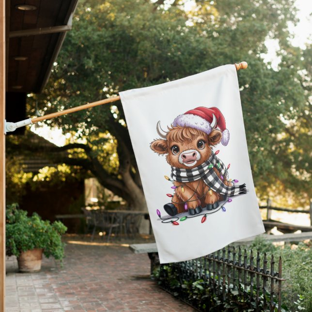 Christmas Lights Highland Cow Santa Hat House Flag (In SItu)