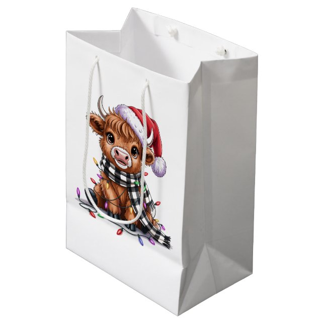Christmas Lights Highland Cow Santa Hat Medium Gift Bag (Front Angled)