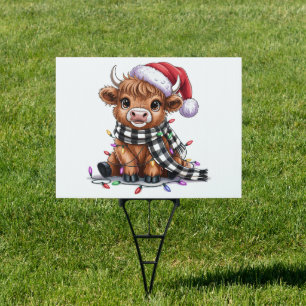 Christmas Lights Highland Cow Santa Hat Sign