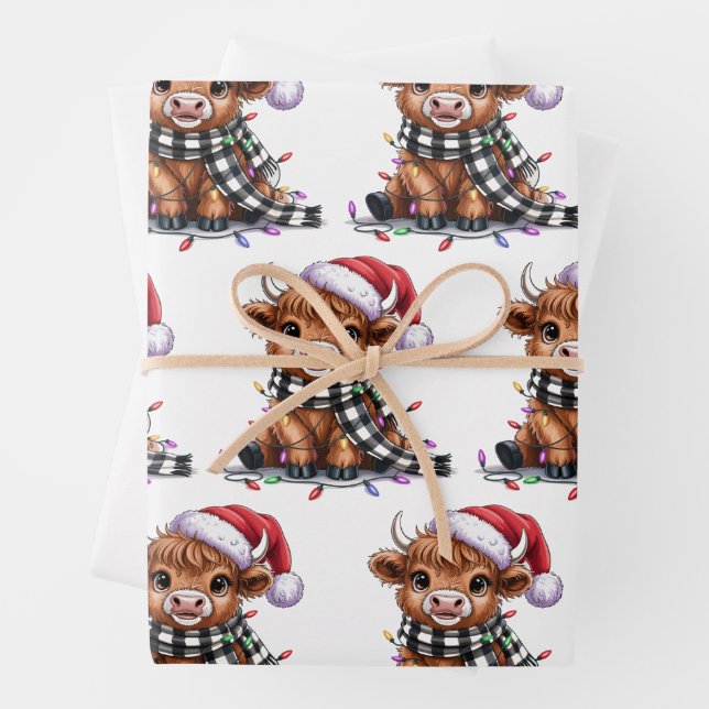 Christmas Lights Highland Cow Santa Hat Wrapping Paper Sheets (In situ)