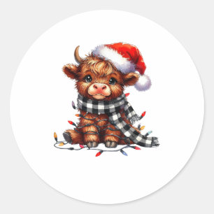 Christmas Lights Highland Cow Vintage Cute Highlan Classic Round Sticker