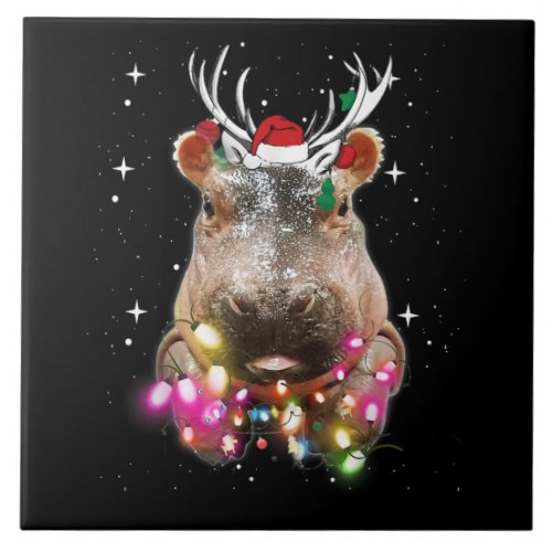 Christmas Lights Hippo Fiona Hippopotamus Lover Ceramic Tile