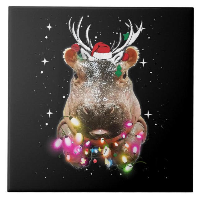 Christmas Lights Hippo Fiona Hippopotamus Lover Ceramic Tile (Front)