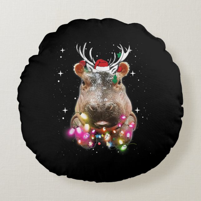 Christmas Lights Hippo Fiona Hippopotamus Lover Round Pillow (Front)