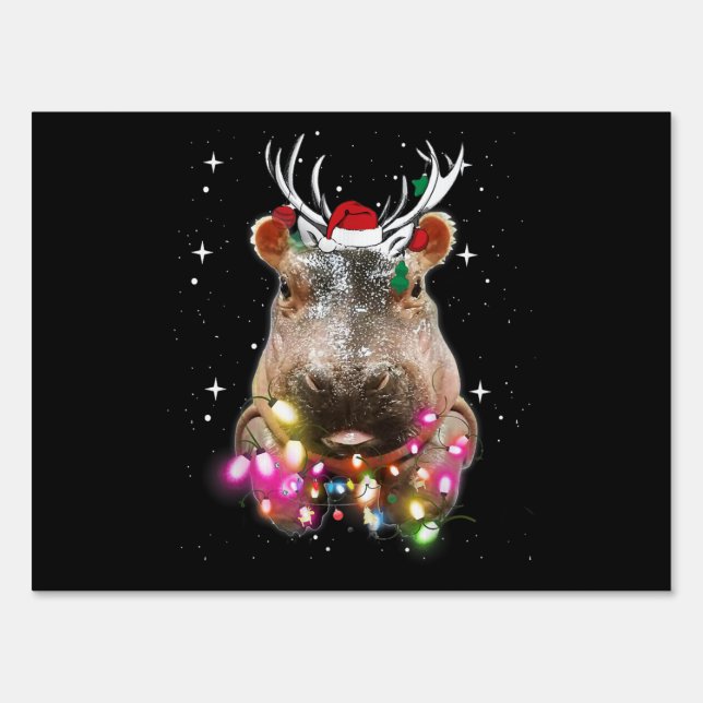 Christmas Lights Hippo Fiona Hippopotamus Lover Sign (Front)