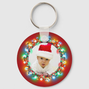 Christmas Lights Holiday Photo Wreath on Red Keychain