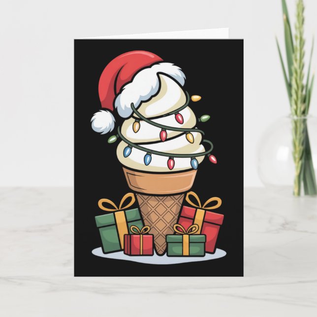Christmas Lights Ice Cream Cone With Santa Hat Des Card (Front)
