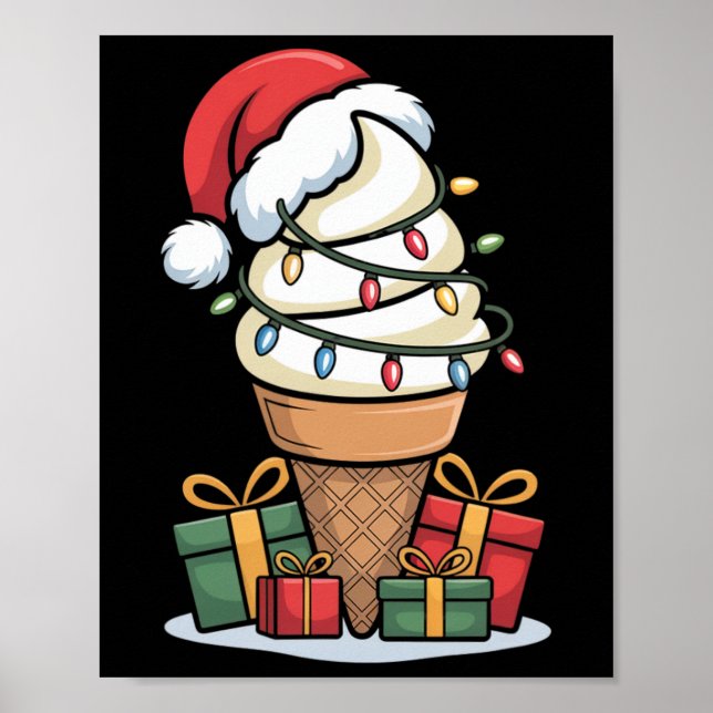 Christmas Lights Ice Cream Cone With Santa Hat Des Poster (Front)