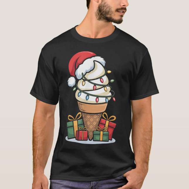 Christmas Lights Ice Cream Cone With Santa Hat T-Shirt (Front)
