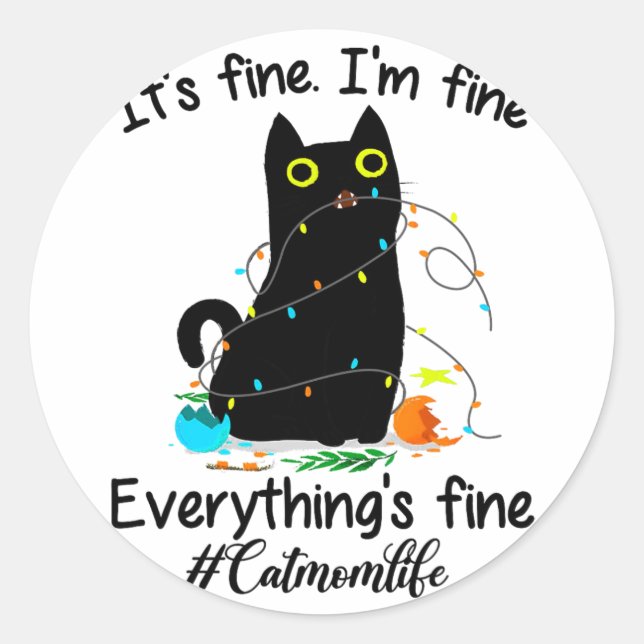 Christmas Lights I'm Fine Everything Is Fine Cat M Classic Round Sticker (Front)