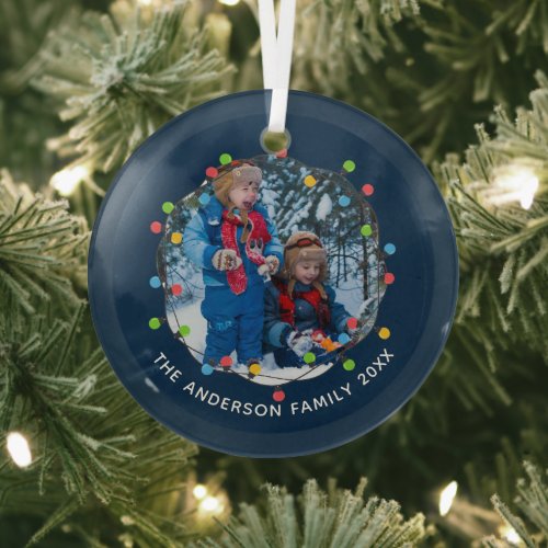 Christmas Lights Kids Photo Navy Blue Personalized Glass Ornament