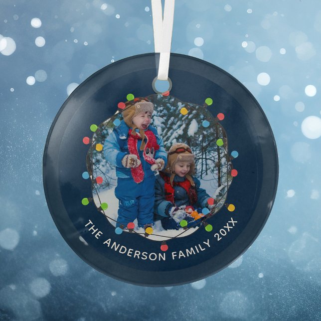 Christmas Lights Kids Photo Navy Blue Personalized Glass Ornament (Creator Uploaded)