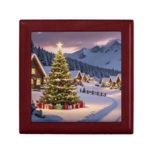 Christmas lights landscape with snow gift box