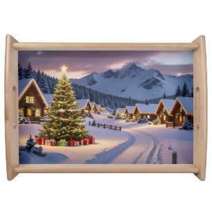 Christmas lights landscape with snow serving tray