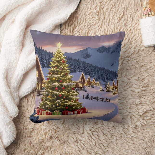 Christmas lights landscape with snow throw pillow (Blanket)