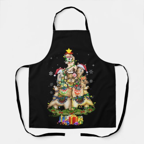 Christmas Lights Llama Santa Hat Tree Llama Apron