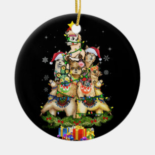 Christmas Lights Llama Santa Hat Tree Llama Ceramic Ornament