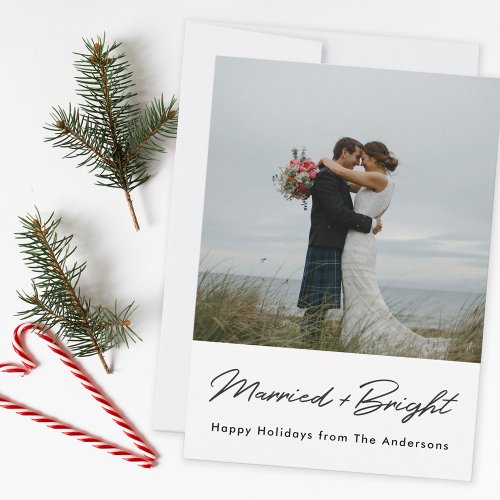 Christmas Lights Married and Bright Newlywed Photo Holiday Card