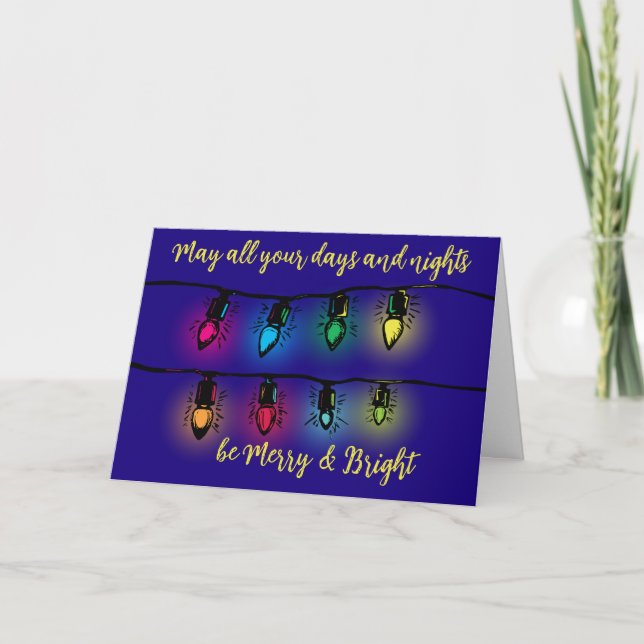Christmas Lights Merry and Bright Woodcut Holiday Card (Front)