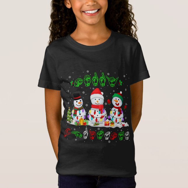 Christmas Lights Merry Christmas Snowman ASL Sign  T-Shirt (Front)