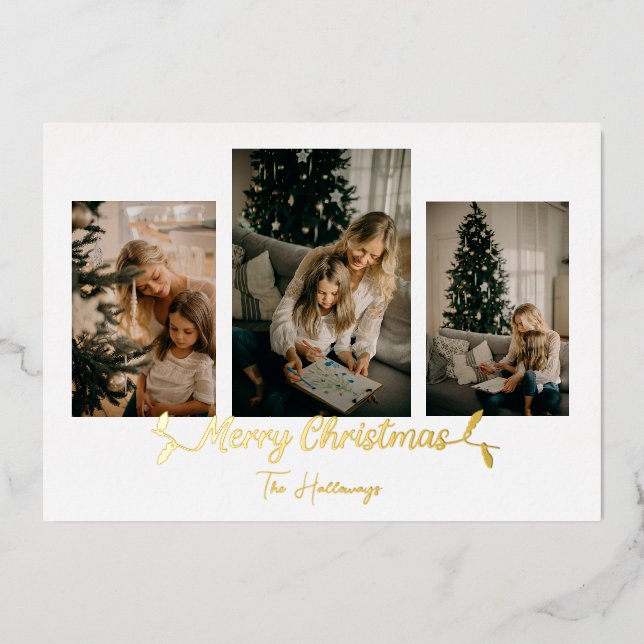 Christmas Lights Minimalist 3 Photo Foil Holiday Card (Front)