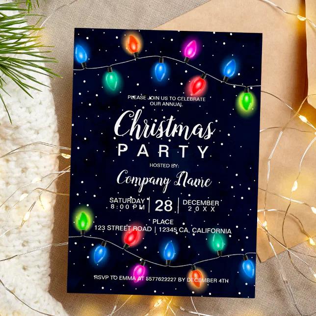Christmas lights navy blue business corporate invitation | Zazzle