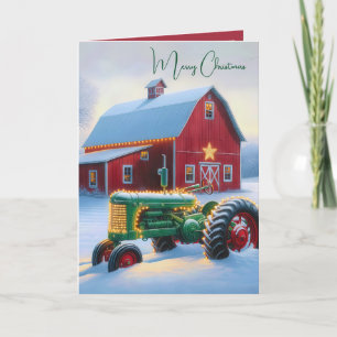Christmas Lights On a Green Farm Tractor Holiday Card
