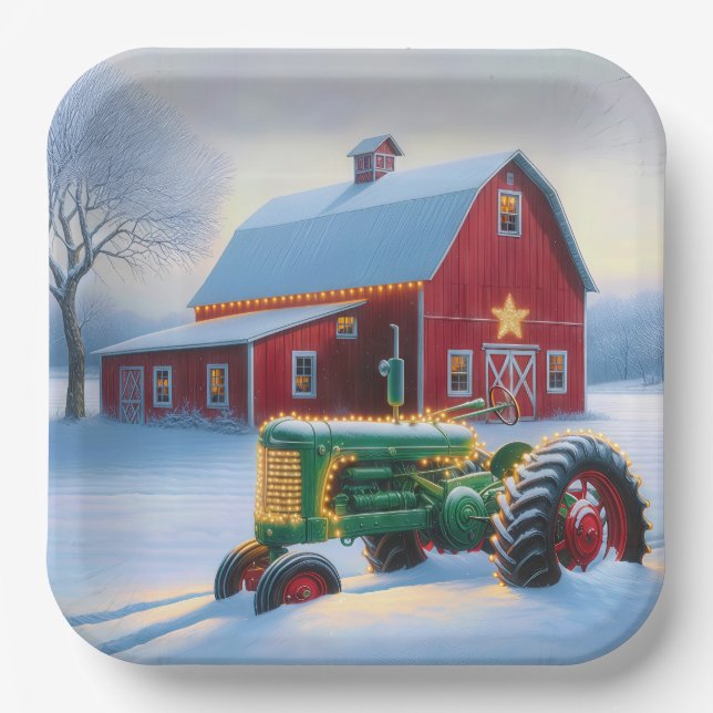 Christmas Lights On a Green Farm Tractor Paper Plates (Front)
