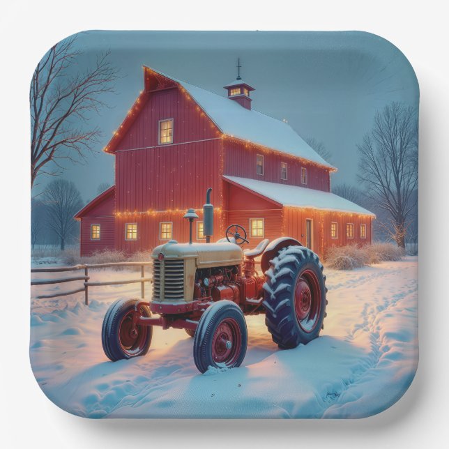 Christmas Lights On a Red Barn Paper Plates (Front)