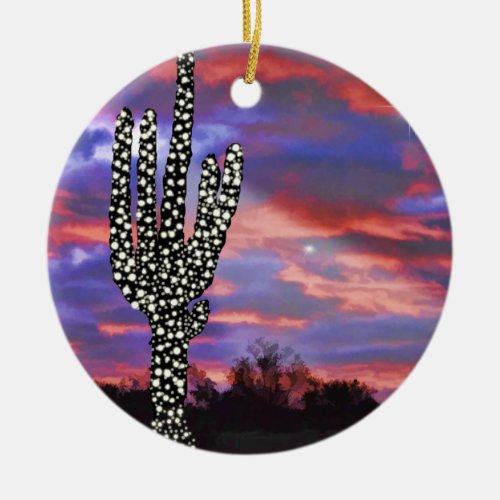 Christmas Lights on Desert Saguaro Cactus Ceramic Ornament