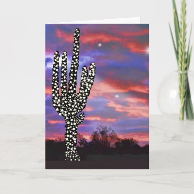 Christmas Lights on Desert Saguaro Cactus Holiday Card (Front)